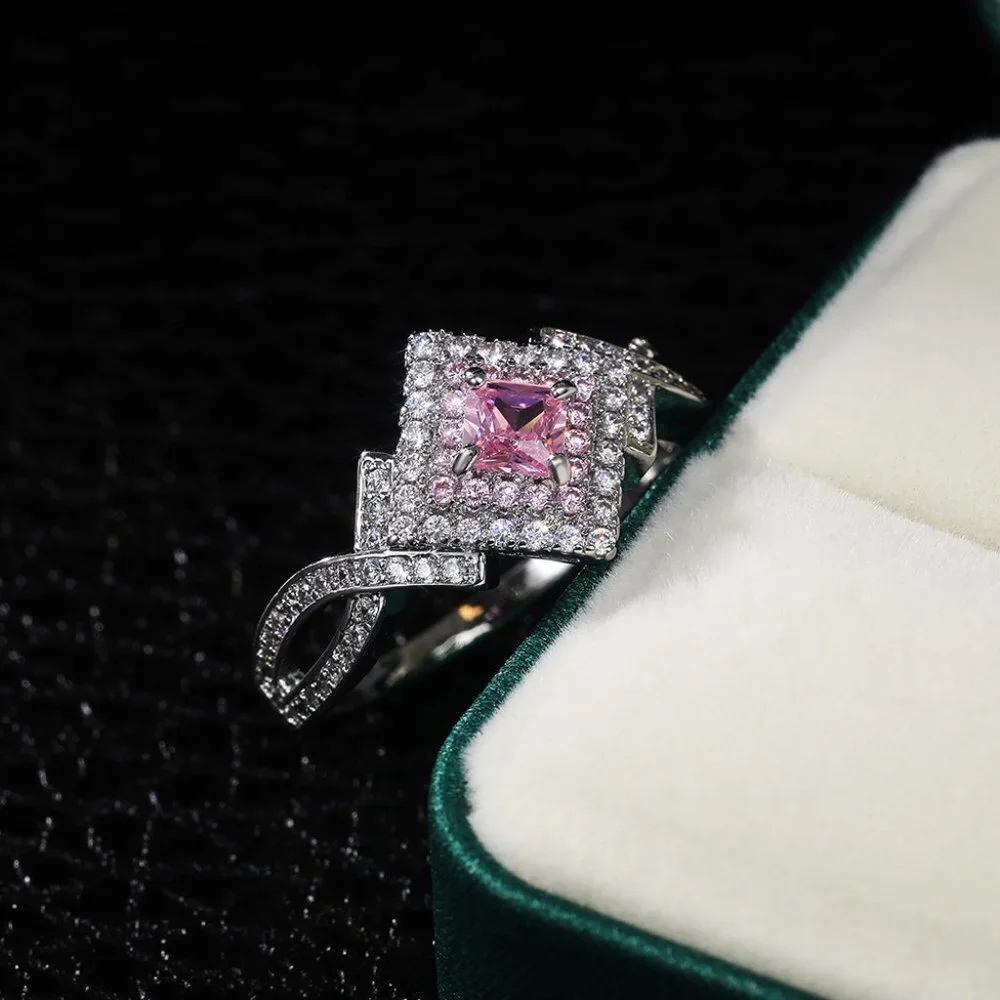 😍Beautiful Silver Pure Pink Double Layer Weave Princess Cut CZ Ring, K832_8